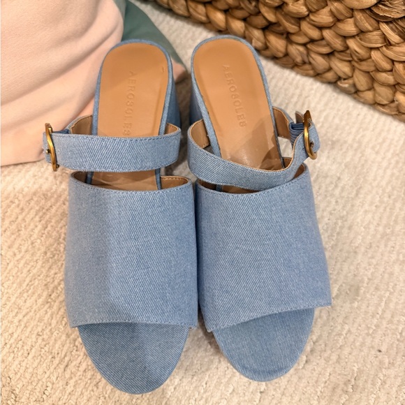 AEROSOLES Light Blue Denim Block Heel Sandals with Gold Buckle - Picture 2 of 3